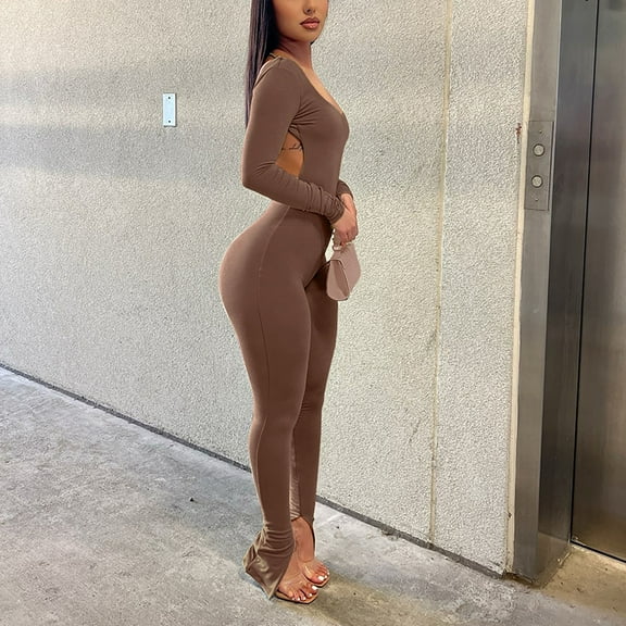 Aayomet Workout Jumpsuits For Women Women Fashion Yoga Jumpsuits Workout Ribbed Long Sleeve Sport Jumpsuits Backless,Brown S