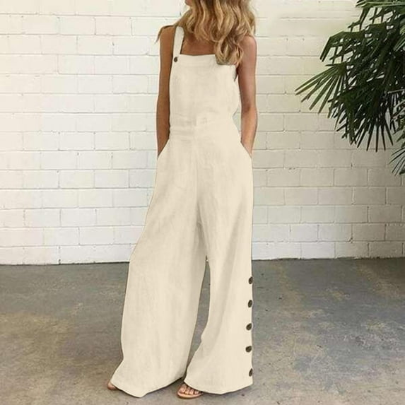 Aayomet Workout Jumpsuits For Women Women's Sleeveless Overalls Jumpsuit Casual Solid Summer Wide Leg Bib Pants Bottons Wide Leg,Beige 4XL