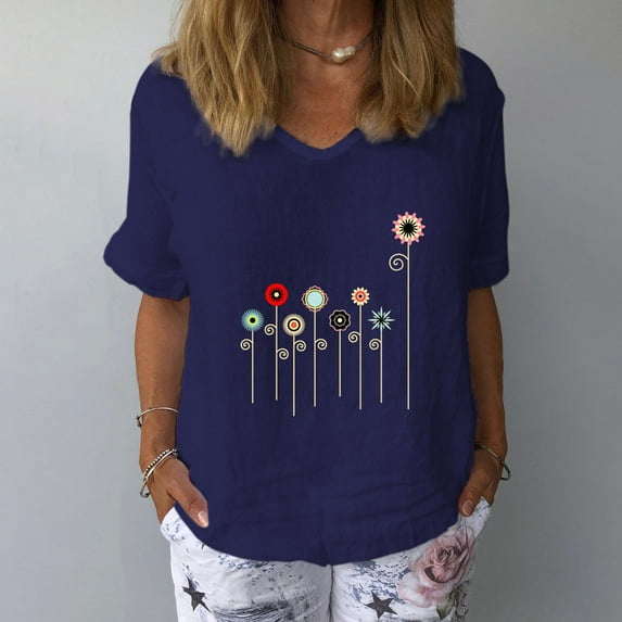 Aayomet Workout Tops For Women Women's Casual Floral Print V Neck Ruffle Short Sleeve Summer Shirts Tops Loose Blouses,Navy XL