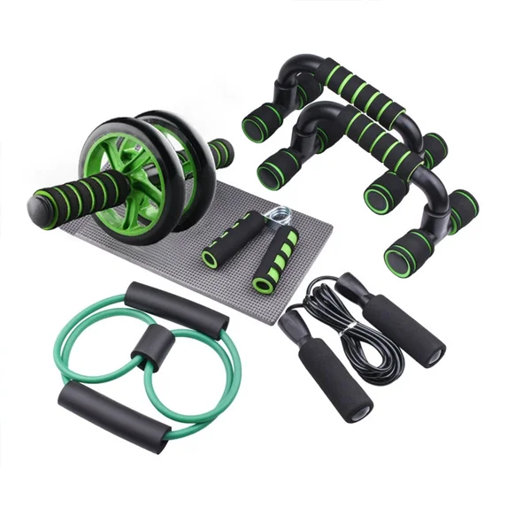 Ab Exercise Wheels with Resistance Bands, Knee Mat, Jump Rope, Push Up Bar, Home (Green,7PCS)