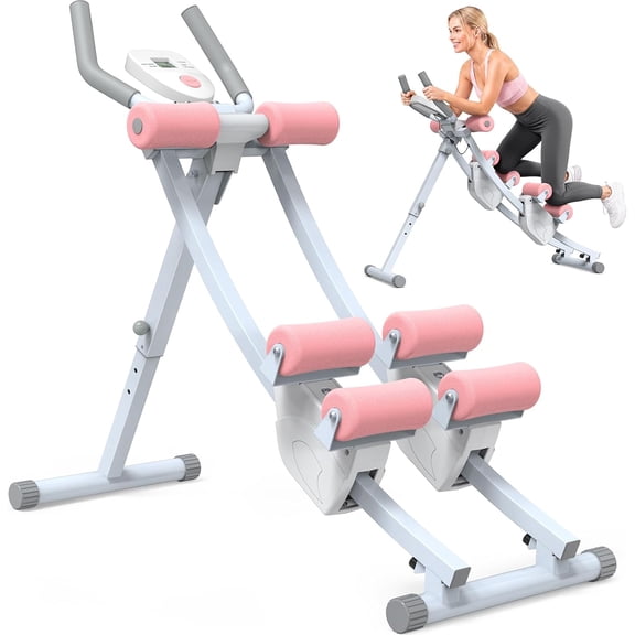 Ab Machine for Home, Dual Sliding Rails, 4 Levels, Foldable Design | 120° Curved Rail, 440 LBS Weight Capacity, Steel Frame, Thick Foam Knee Pads, LCD Monitor, Compact Storage Design - Pink