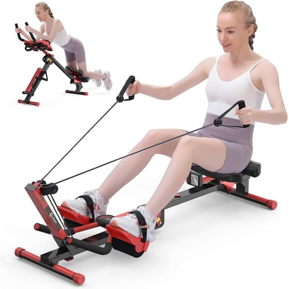 Ab Machine and Rowing Machine, 4 in 1 Rowing Machines for with 3 Levels of Workout Resistance, Quiet & Foldable Rower Machine with 3 Adjustable Handle Heights & LCD , Row Machine for