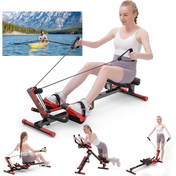 Ab Machine and Rowing Machine, 4 in 1 Rowing Machines for with 3 Levels of Workout Resistance, Quiet & Foldable Rower Machine with 3 Adjustable Handle Heights & LCD , Row Machine for