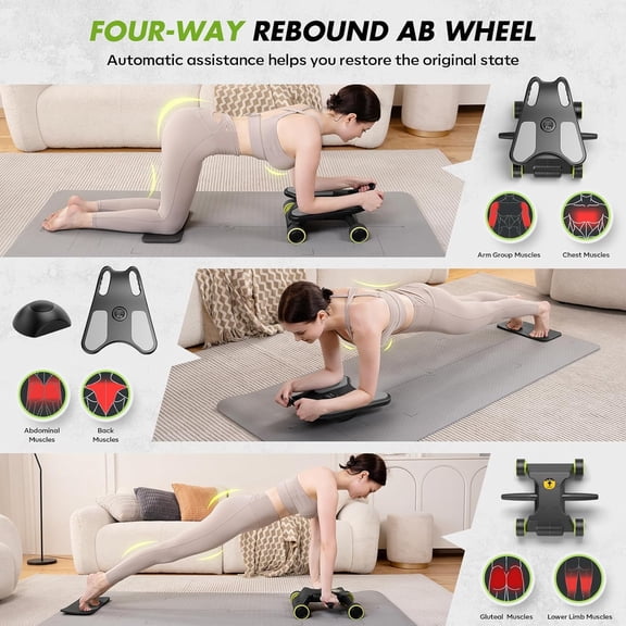Ab Roller with Elbow Support, Ab Roller Board Core Workout Machine with 4 Wheels, Mini Pilates Reformer Equipment for Home Gym, Abdominal Full-Body Strength Exercise Trainer with Knee Pad