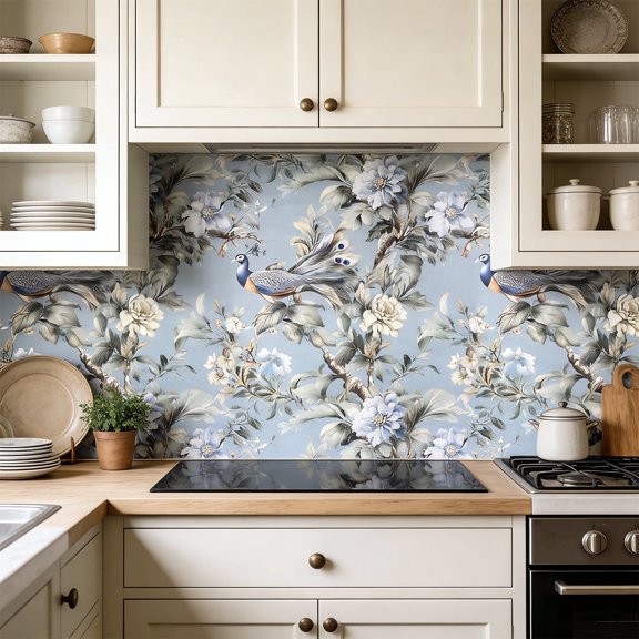Ababoorty Peacock Floral Peel and Stick Wallpaper 17.7"x118" Removable Self-Adhesive Vintage Blue Bird Flower Mural, Renters Friendly Wall Covering for Bedroom Living Room Accent Wall