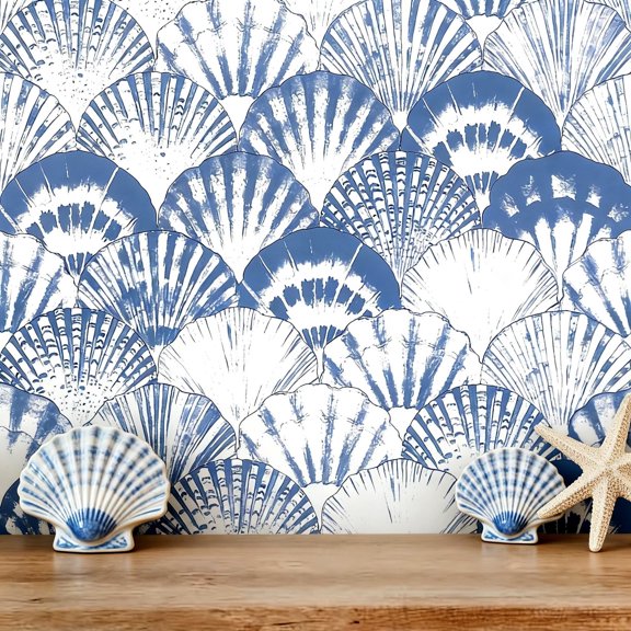 AbaBoorty Nautical Scallop Shell Peel and Stick Wallpaper 17.7"x118", Removable Blue White Coastal Wall Decor for Bathroom Kitchen RV Accent Walls