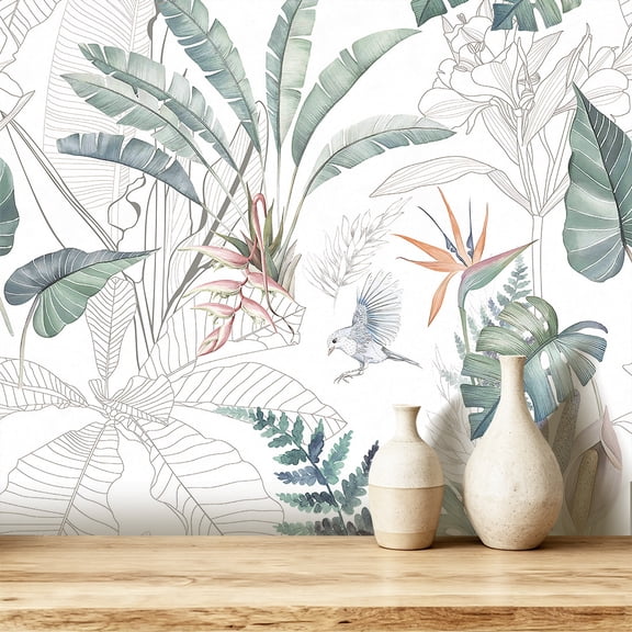 Ababoorty Boho Tropical Floral Wallpaper 17.7"x118" Bird of Paradise Monstera Peel and Stick Removable Waterproof Wallpaper for Bathroom Laundry Room Dcor