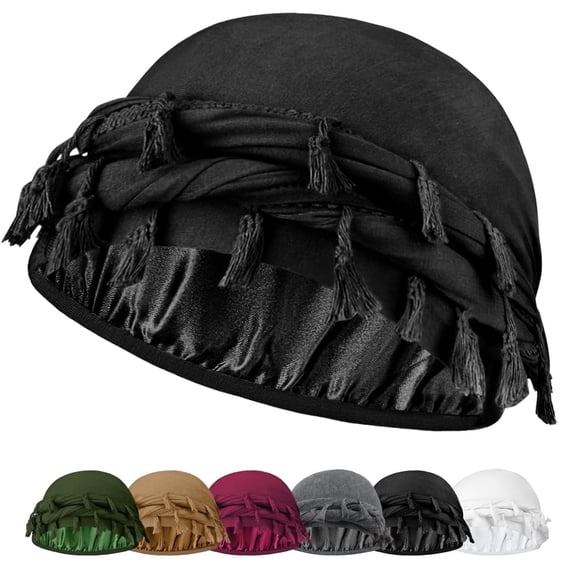Ababalaya Adjustable Satin Lined Halo Turban for Men Women Twisted Tassel Head Wraps Sleep Cap Beanies Turban Durag(Black)