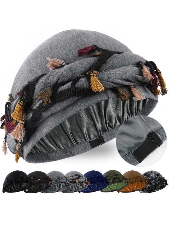 Adjustable Satin Lined Halo Turban for Men Women Twisted Tassel Head Wraps Sleep Cap Beanies Turban Durag(Grey)