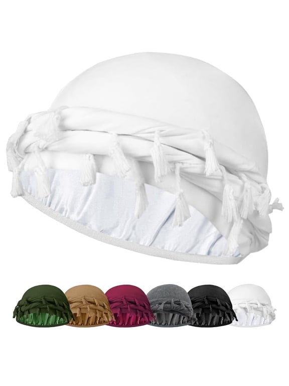 Adjustable Satin Lined Halo Turban for Men Women Twisted Tassel Head Wraps Sleep Cap Beanies Turban Durag(White)