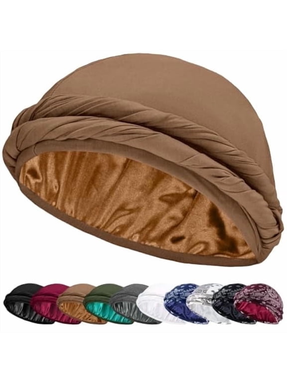 Satin Lined Halo Turban Durag for Men & Women Sleeping Bonnet Pre-Tied Headwraps for Hair Loss(Khaki)