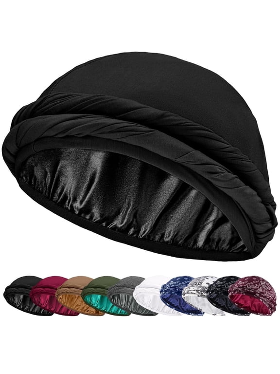 Satin Lined Halo Turban Durag for Men & Women Sleeping Bonnet Pre-Tied Headwraps for Hair Loss(Black)