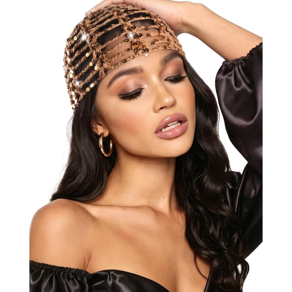 Ababalaya Sequin Disco Cap 100% Cotton Handmade Crochet Hat Boho Beanie for Women Girls Y2K Knit Hollow Out Skull Caps Cute Street Style for Summer Beach Travel Party, Khaki