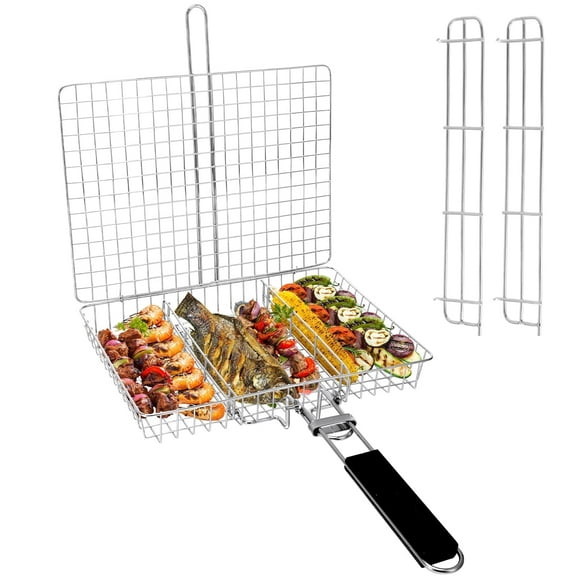 Ababeny Portable Grill Basket, BBQ Grilling Basket for Outdoor Grill with Removable Handle, Stainless Steel Camping Cooking Grill Accessories for Meat Chicken Fish Vegetable