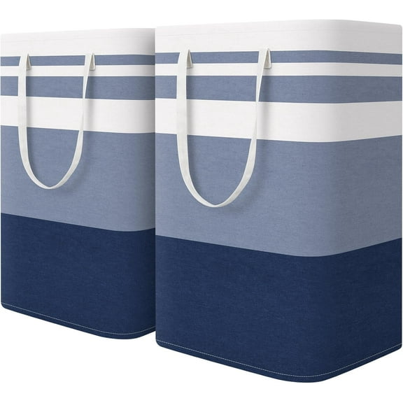 Ababeny 2 Pack Large Laundry Baskets, Waterproof, Freestanding Laundry Hampers, Collapsible Clothes Hamper with Reinforced Handles in Laundry Room, College Dorm, Bathroom, Bedroom - Blue