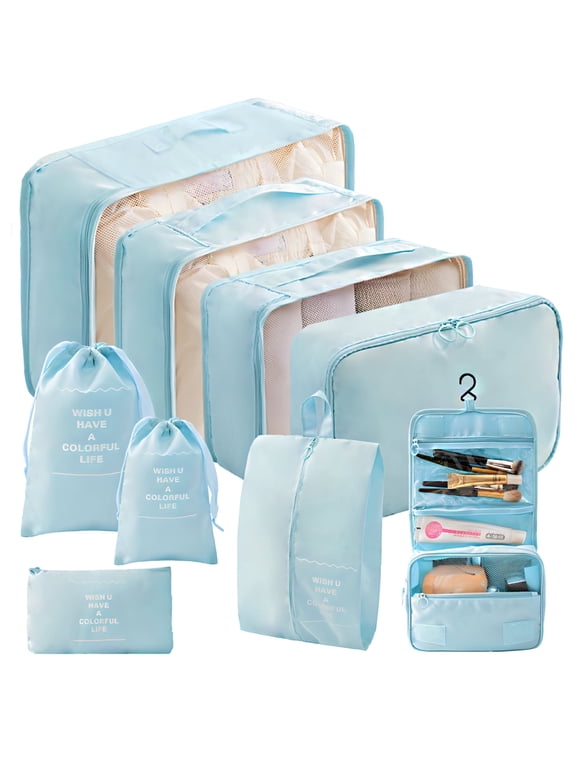 9 Set Compression Packing Cubes for Travel, Compression Packing Organizer Packing Bags for Traveling, Travel Pouch Set for Packing. Blue