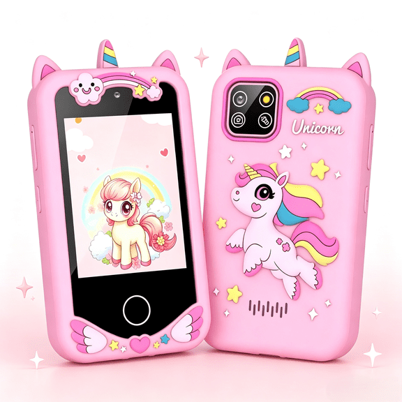Ababeny Pink Unicorn Kids Smart Toy Phone, Dual Camera Pretend Play Phone with Learning Games, Stories, Music & Habit Reminder, Educational Electronic Gift for Toddlers Ages 3