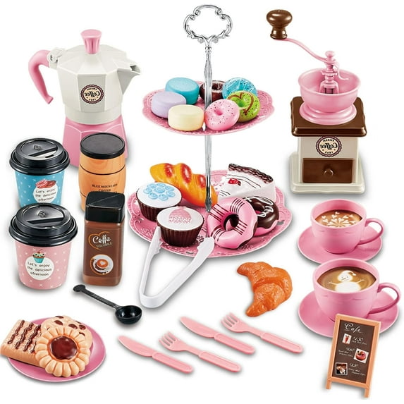 Ababeny Pretend Tea Party Set for Little Girls, 38 PCS Coffee Maker Set and Play Food Dessert Set for Kids Age 3 4 5 6 7 8 9(pink)
