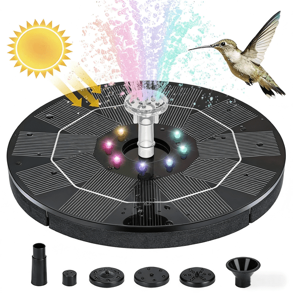 Ababeny Solar Fountain, Solar Bird Bath Fountain, Solar Powered Water Fountain with Color LED Lights 8 Nozzles Rechargeable Battery for Bird Bath, Fish Tank, Pool, Aquarium and Garden Decoration