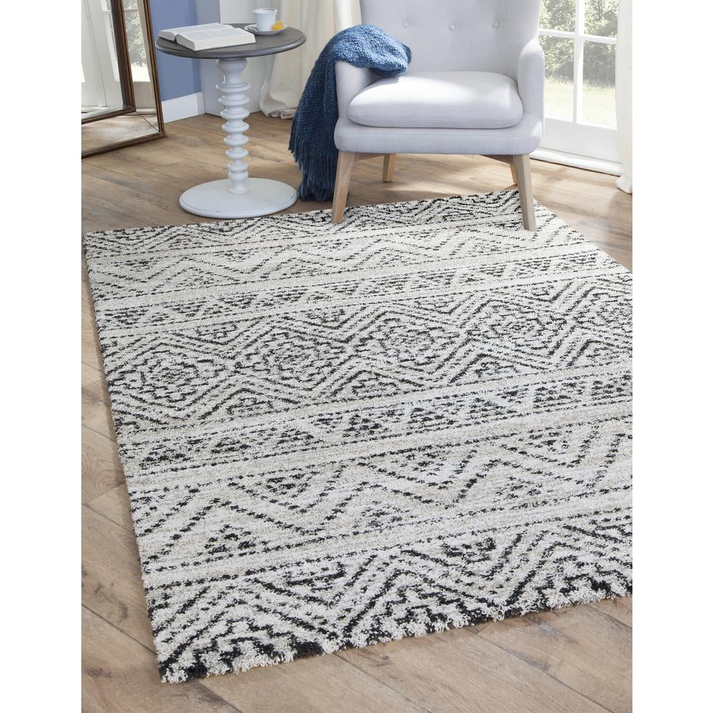 Ivory and Black Geometric Wool Chenille 8' x 10' Area Rug