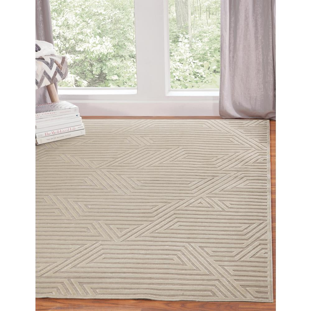 Ivory and Beige Geometric Chenille and Viscose Area Rug