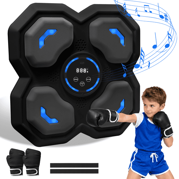 AbahubFit Kids Smart Music Boxing Trainer, Wall Mounted Punching Bag with 4 LED Light-Up Target Pads, 5 Volume & 9 Speed Levels, Type-C Rechargeable Wall Pad with Gloves
