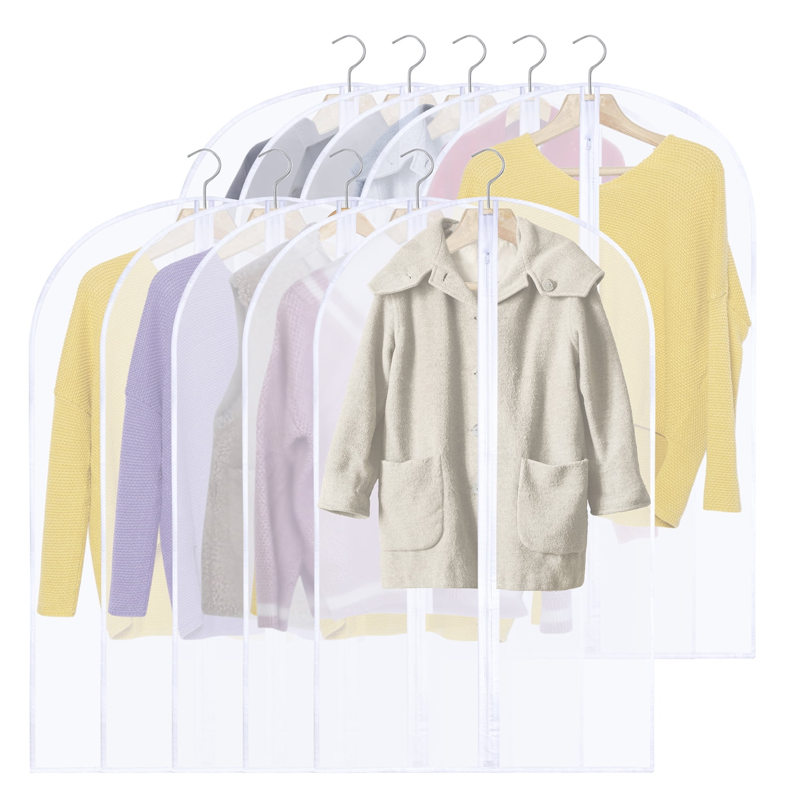 Premium Photo  Wooden hangers with clothes in dry cleaning bags closeup
