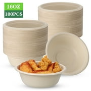 Abaima 100 Pack 16 oz Disposable Paper Bowls 100% Compostable, Natural Biodegradable Bagasse, Eco-Friendly Sugar Cane Fibers Bowls