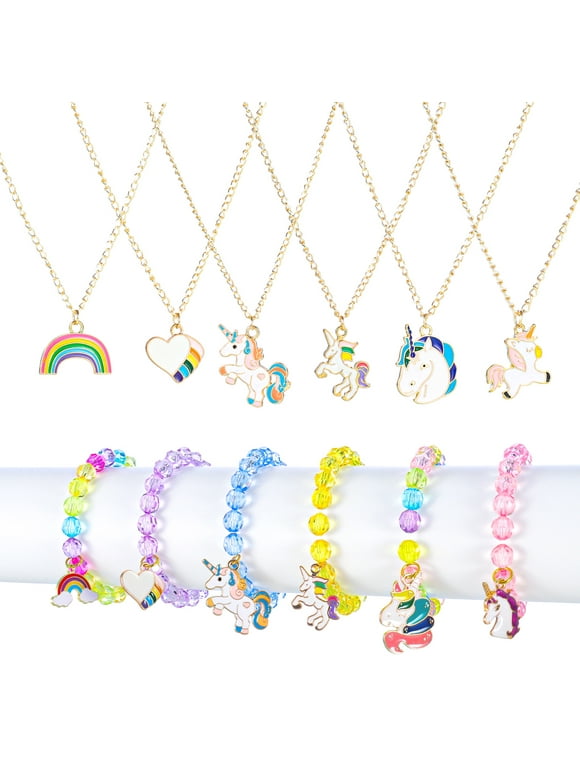 Abaima 12 Pcs Necklaces Bracelets Set,Girl Play Jewelry with Cute Multicolor Unicorn Heart Star Rainbow Charms Kids Gift Toy Party Favors Pretend Play Dress up Toys