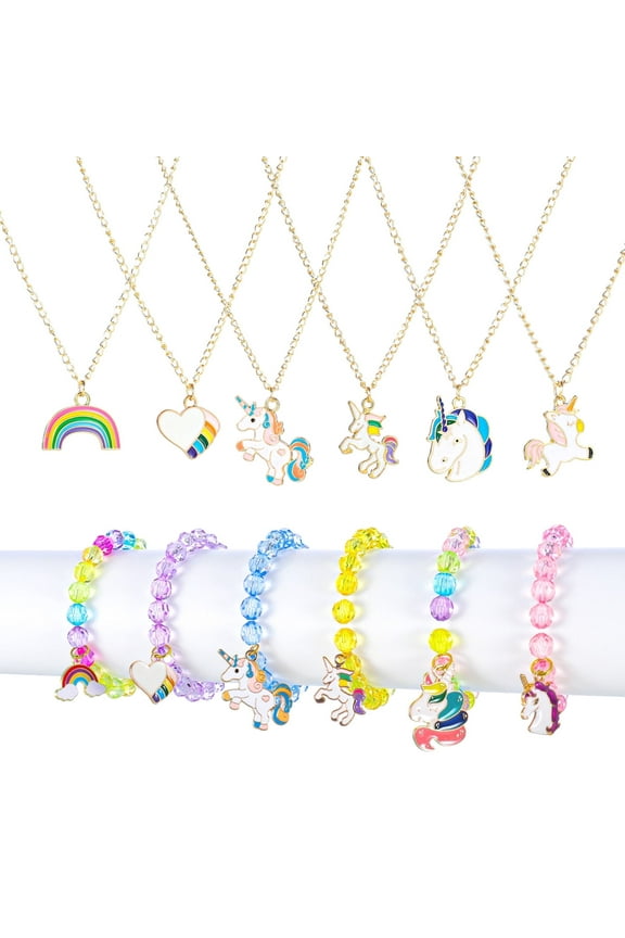 12 Pcs Necklaces Bracelets Set,Girl Play Jewelry with Cute Multicolor Unicorn Heart Star Rainbow Charms Kids Gift Toy Party Favors Pretend Play Dress up Toys