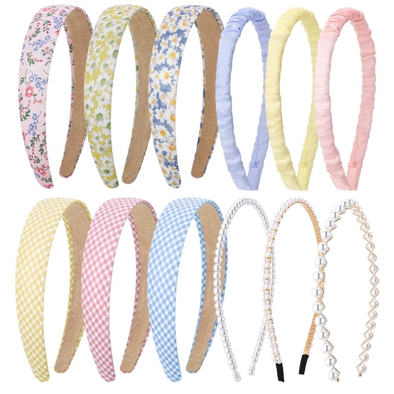 Abaima 12 Pcs Stylish Headbands for Women, Non Slip Wide/Thin Pearl Hairbands, Cute Floral Padded Headband, Elastic Fashion Hair Accessories for Long Short Curly Straight Hair