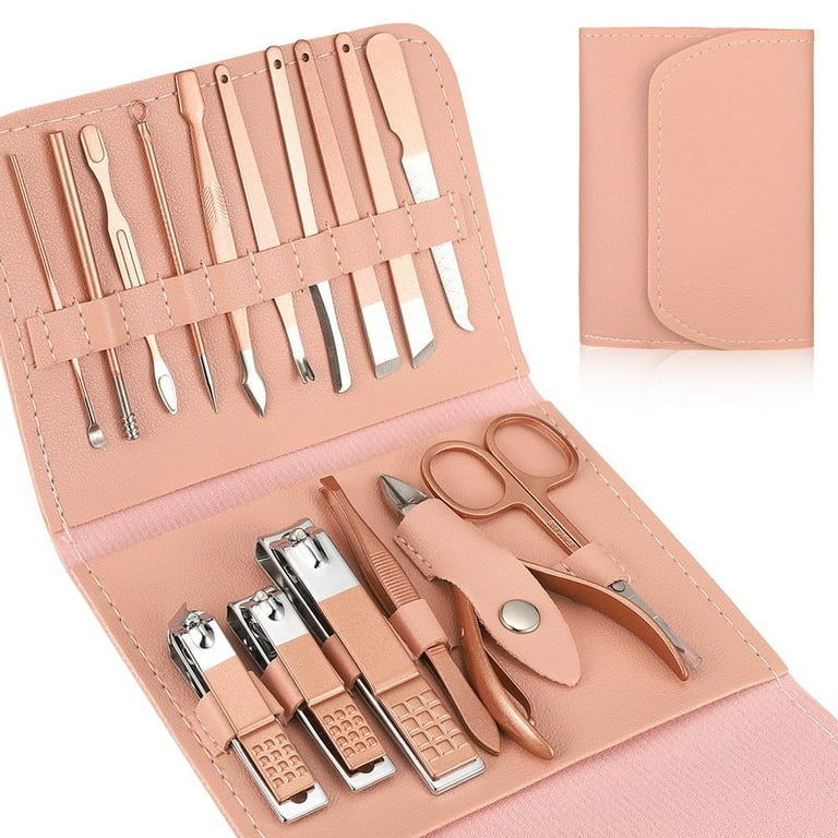 Abaima 16pcs Manicure Sets Mini Pedicure Kit Nail Clippers Professional Grooming Kit with PU Leather Case Stainless Steel Trave Nail Care Tools Pink