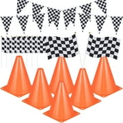 Abaima 19 Pcs Race Car Party Supplies for Kids, 6 Traffic Cones Pre-Drilled with 12 Racing Checkered Flags with Sticks and 33 Ft Pennant Flag Banner, Race Car Theme Party Decorations
