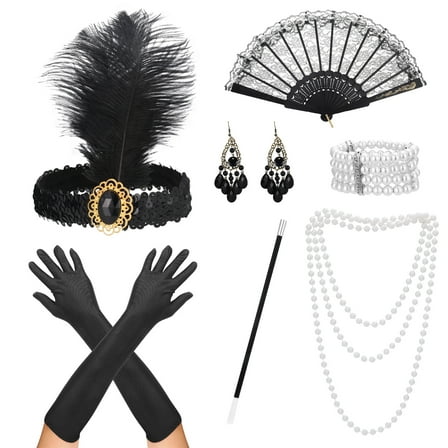 Abaima 9 Pcs 1920s Flapper Accessories Set for Women, 1920s Women Outfits Headband Earrings Necklace Bracelet Lace Fan Gloves Plastic Holder