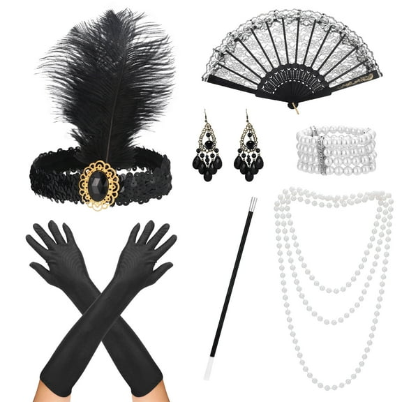 Abaima 9 Pcs 1920s Flapper Accessories Set for Women, 1920s Women Outfits Headband Earrings Necklace Bracelet Lace Fan Gloves Plastic Holder