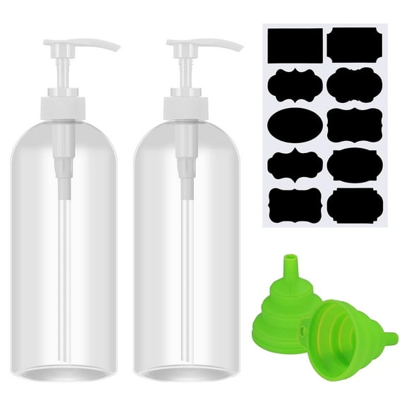 Abaima 2 Pack 32oz Empty Pump Bottle, 1000ml Shampoo And Conditioner Dispenser Bottle,1 Liter Refillable Clear Shower Soap Dispenser Bottle With Silicone Funnels And Labels