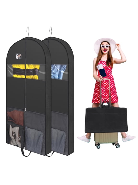 2 Pack 60'' Garment Bags for Travel,4" Gusseted Foldable Garment Bags for Hanging Clothes,Heavy Duty Dress Suit Bag with Pockets,Waterproof Garment Bags for Shirts,Coats,Dresses