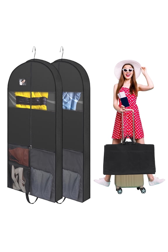 2 Pack 60'' Garment Bags for Travel,4" Gusseted Foldable Garment Bags for Hanging Clothes,Heavy Duty Dress Suit Bag with Pockets,Waterproof Garment Bags for Shirts,Coats,Dresses