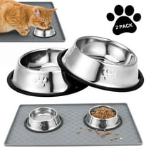Abaima 2 Pack Stainless Steel Cat Food Bowls with Food Mat, Non Slip Cat Water Bowls and Mat, Non Spill Cute Metal Medium Pet Food Bowls with Rubber Bottom for Indoor Cats, Small Pets