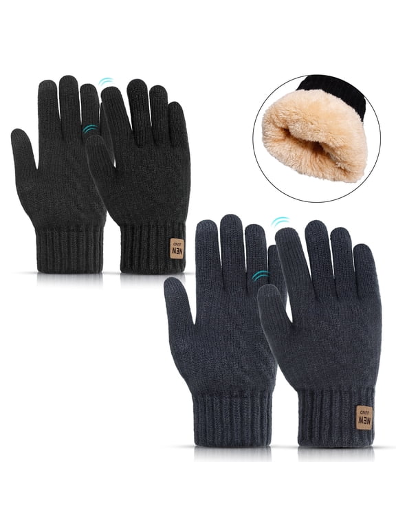 2 Pairs Winter Wool Gloves for Men Women, Fleece Lined Knit Gloves with Touchscreen Fingers, Elastic Thermal Knit Lining Warm Gloves for Cold Weather