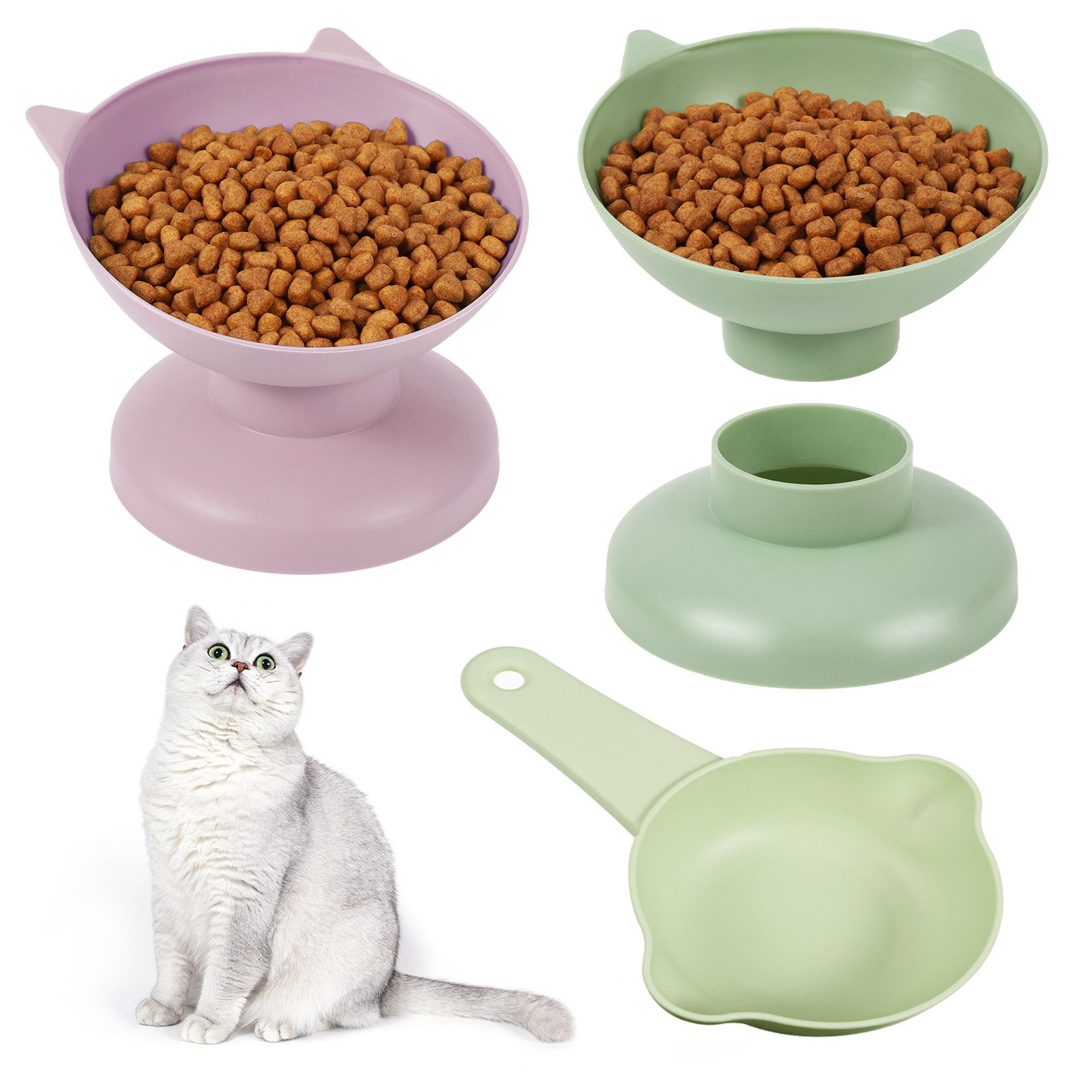 Abaima 2 Pcs Cat Bowls and Spoon Set, Raised Cat Food Bowls, Cat Bowls