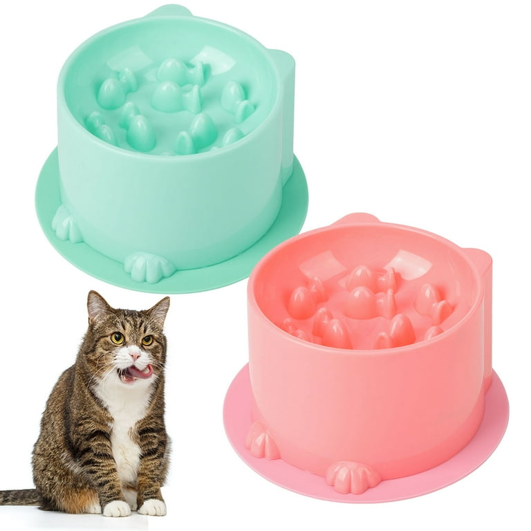 Abaima 2 Pcs Slow Feeder Cat Bowls with 2 Pack Non slip Mat Anti Choking Elevated Food and Water Bowls Plastic Tilted Cat Food Bowls Backflow