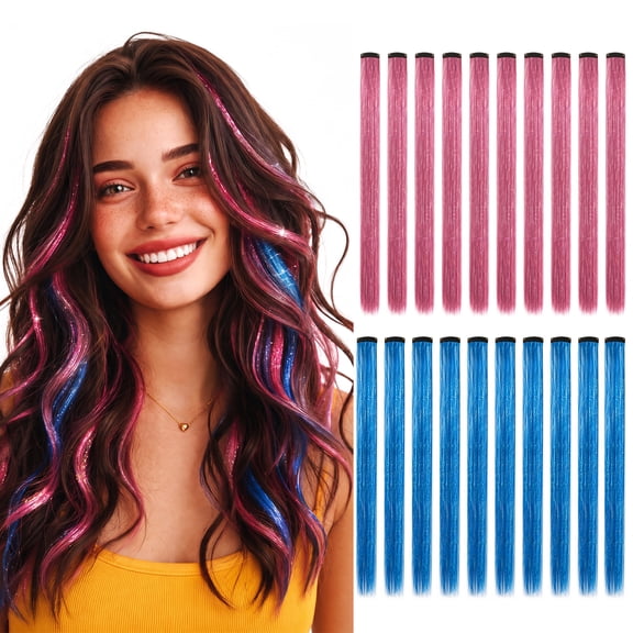 Abaima 20 Pcs Glitter Tinsel Clip in Hair Extensions, 22 Inch Shiny Pink & Sparkly Blue Straight Hairpieces, Heat Resistant Highlight Hair Tinsel, Cosplay Party Daily Hair Accessories for Women Girls