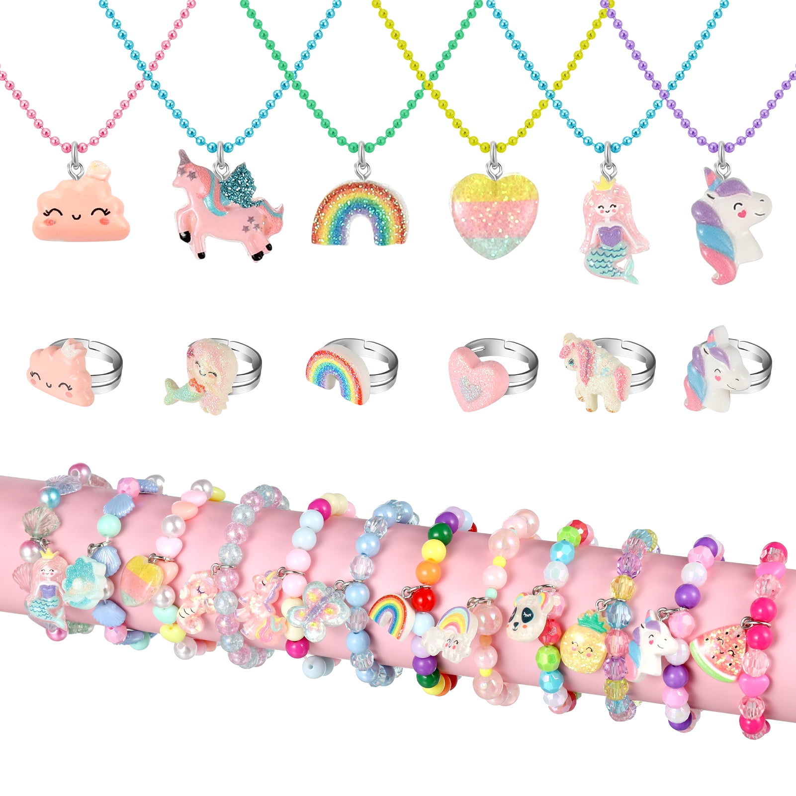 G.C 12 Pcs Necklaces Bracelets Set with Cute Mermaid Unicorn Heart Star Rainbow Charms Kids Gift Toy Party Favors Pretend Play Dress Up Colorful