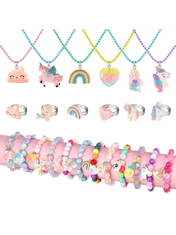 24 Pcs Toddler Grils Play Jewelry Set , Necklaces with Bracelets Cute Multicolor Unicorn Heart Star Rainbow Charms Kids Gift Party Favors Pretend Play Dress Up Toys