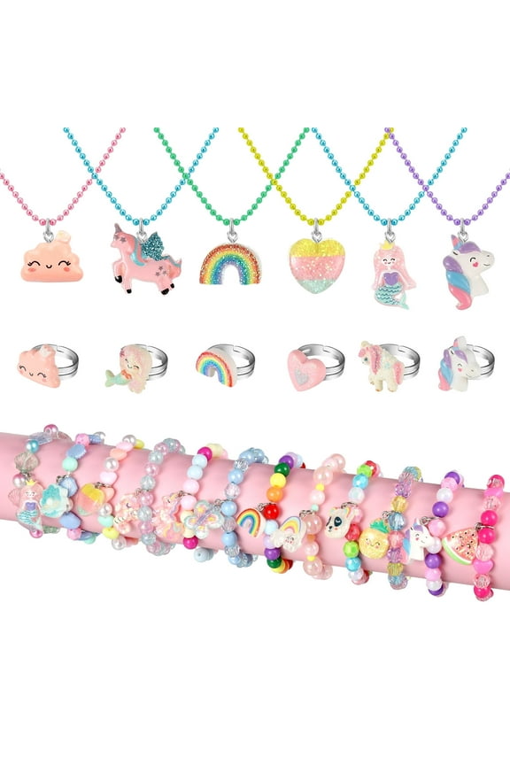 24 Pcs Toddler Grils Play Jewelry Set , Necklaces with Bracelets Cute Multicolor Unicorn Heart Star Rainbow Charms Kids Gift Party Favors Pretend Play Dress Up Toys