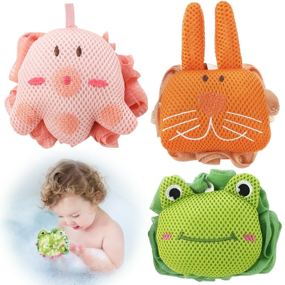 Abaima 3 Pack Kids Bath Loofah Sponge, Cute Frog and Octopus Shape, Body Scrubber Mesh Loofahs Sponge, Designed for Baby Boys and Girl