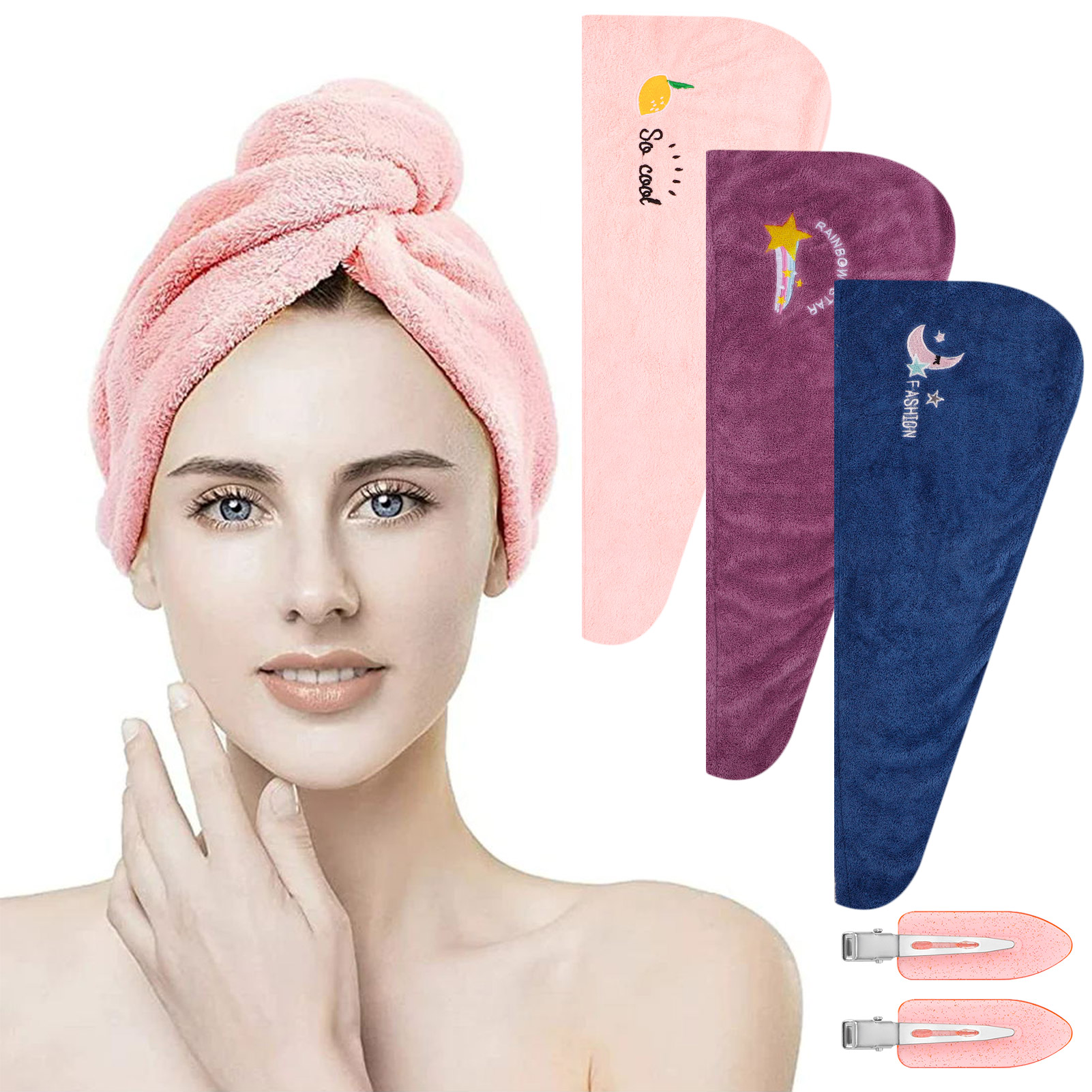 Abaima 3 Pack Microfiber Hair Towel Wrap with Button,Rapid Drying Towel,Soft Dry Hair Towel with