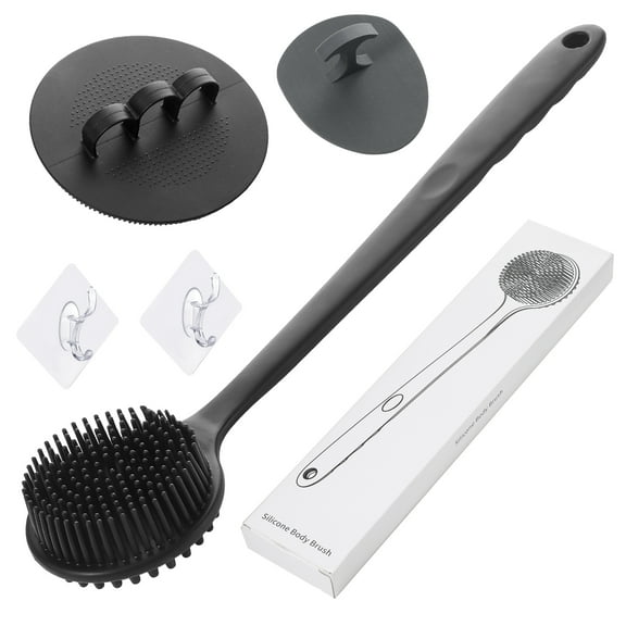 Abaima 3-Pack Silicone Back Scrubber Set with 14" Long Handle, Body and Face Brushes + 2 Hooks - Deep Exfoliating and Lathering Massage Combo for Women Men Home and Travel