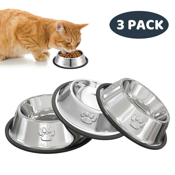 Abaima 3 Pack Stainless Steel Cat Food Bowls, Non Slip Cat Water Bowls, Metal Medium Pet Food Bowls, Non Skid Cute Bowls with Rubber Bottom for Cats